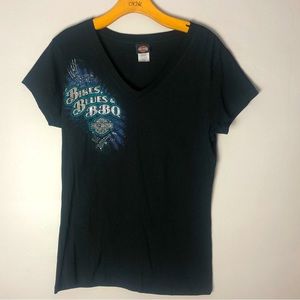 HD Rogers Arkansas Pig Trail Bikes Blues and BBQ Tee with Bling Sz XL.   BYBSW